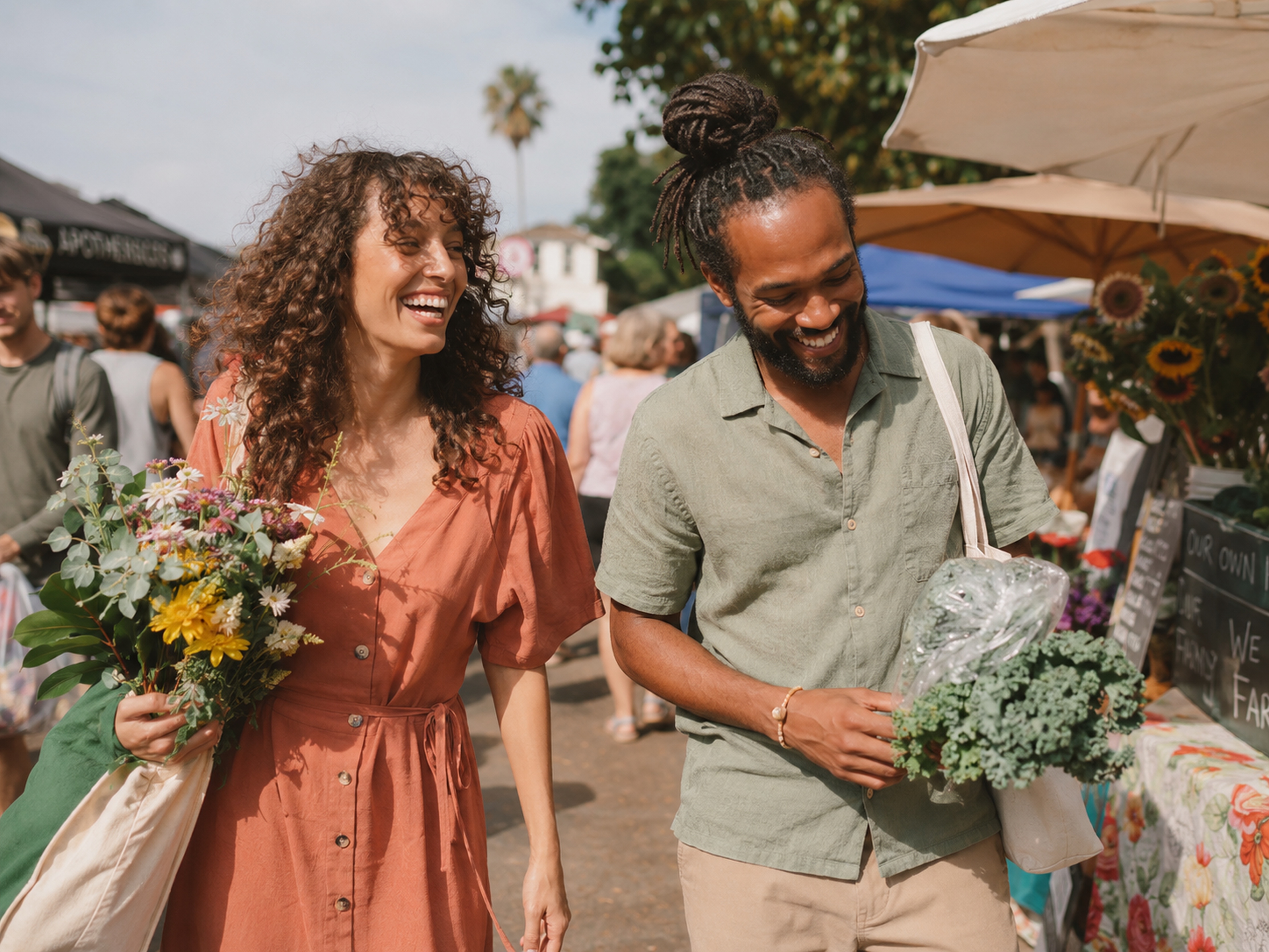 Two people smiling while walking through an outdoor market with flowers and produce