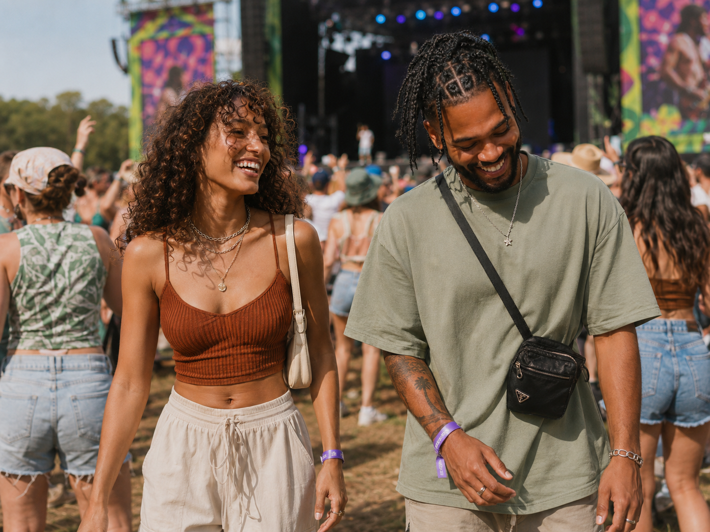 Two friends laughing together at an outdoor music festival