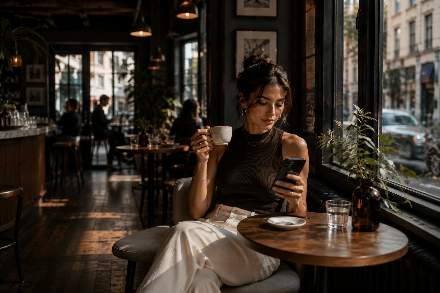 A woman checking her phone over coffee in a sunlit cafe