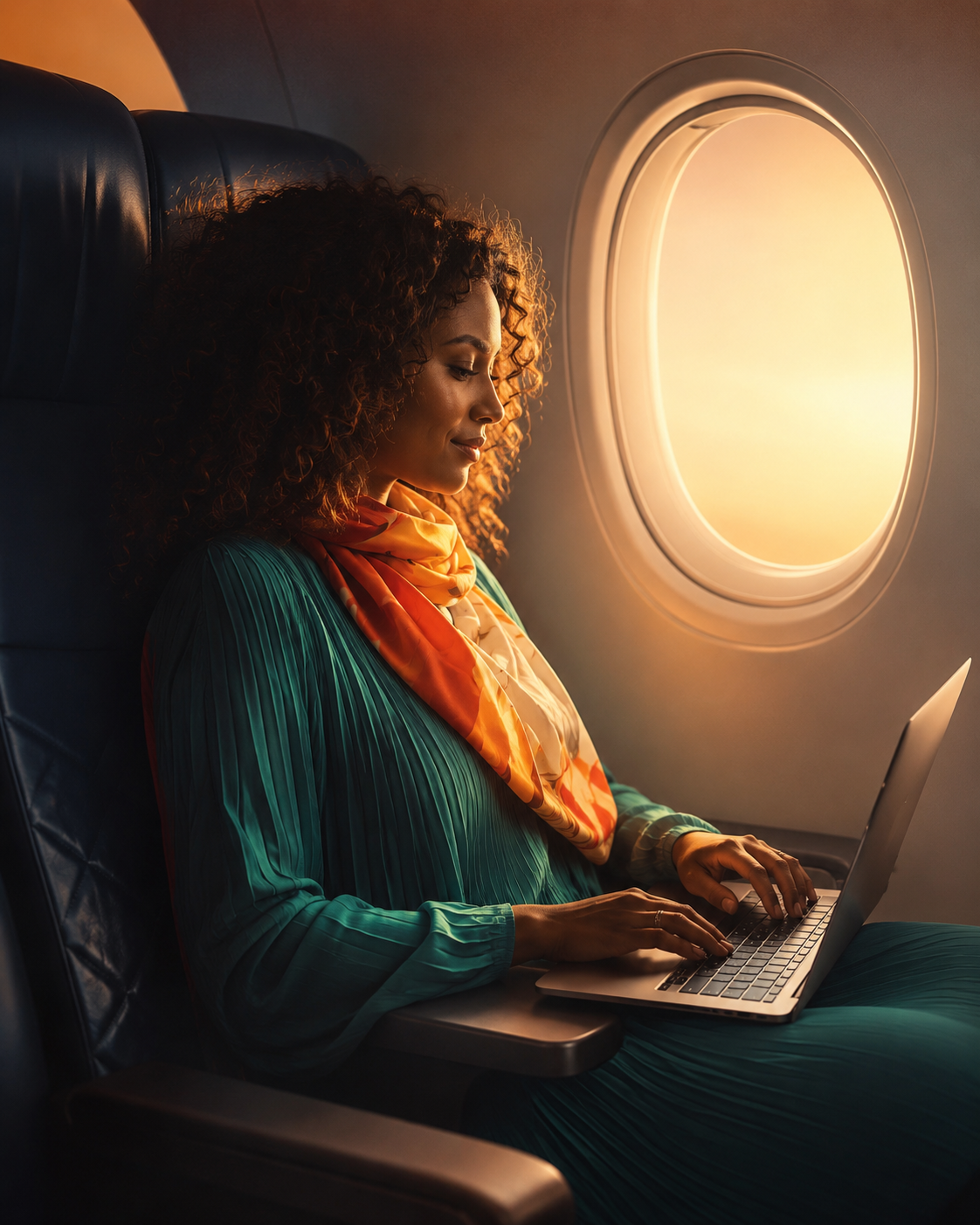 A woman working on a laptop during a sunset flight