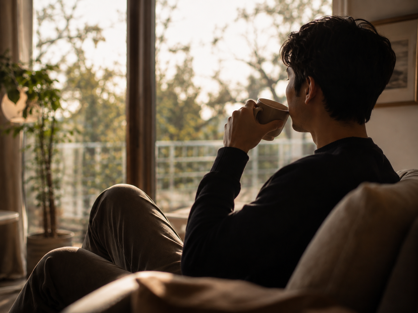 A man relaxing with a warm drink beside a sunlit window