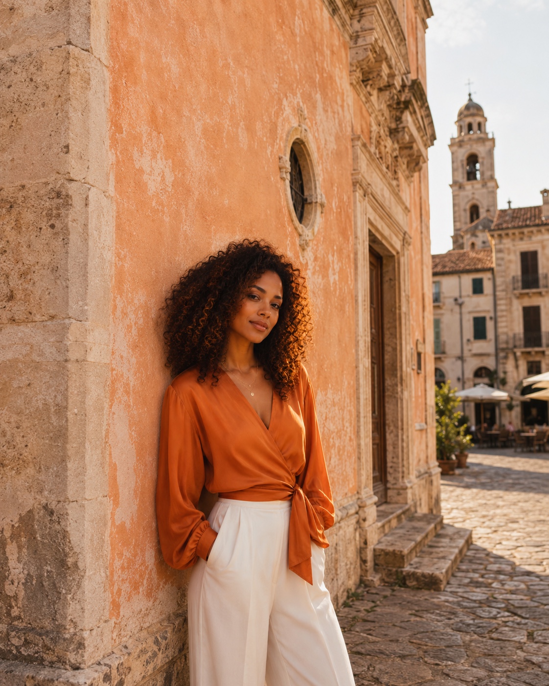 A woman standing beside a warm orange wall on a sunny city street