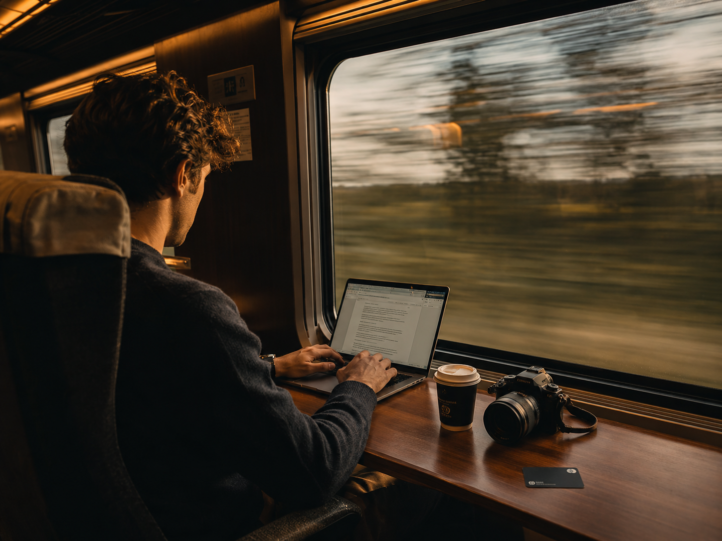 A traveler working on a laptop beside a moving train window